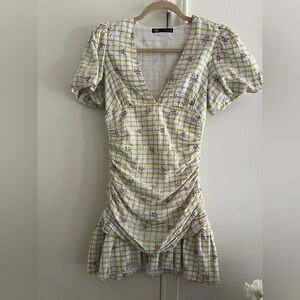 Zara Yellow and Purple Checkered Midi Dress